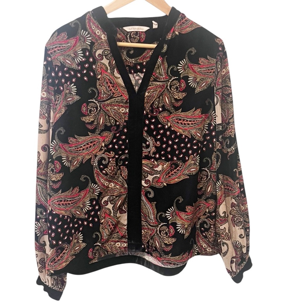 Soft Surroundings Black and Red Paisley Velvet V-Neck Blouse Medium